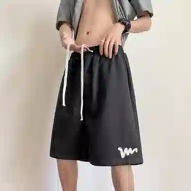左岸 夏季港风潮流简约宽松发泡印花系带中裤薄款沙滩风五分裤子休闲短裤 男款