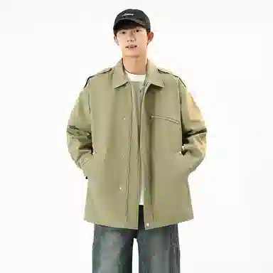 左岸 青少年港风时尚潮牌纯色百搭中长款开衫翻领上衣休闲加肥加大码宽松舒适春秋季防风外套夹克 男款