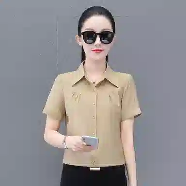 左岸 夏季薄款潮流时尚翻领上衣短袖气质轻薄韩版日常小衫洋气遮肉透气显瘦简约舒适柔软户外通勤休闲百搭衬衫 女款