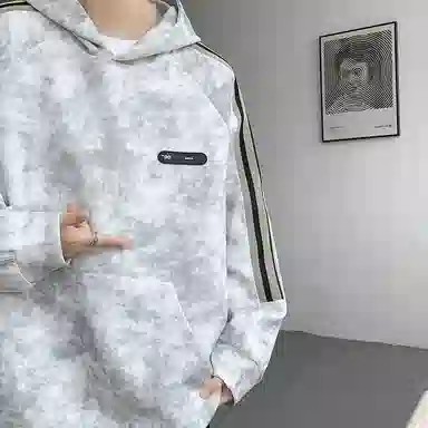 左岸 侧边织带条纹扎染上衣男春秋季美式重磅连帽衫设计感大码脏脏外套卫衣 男款