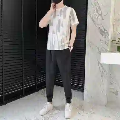左岸 美式宽松扎染潮流简约时尚高级感百搭短袖港风柔软长裤休闲运动套装 男款