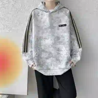 左岸 侧边织带条纹扎染上衣男春秋季美式重磅连帽衫设计感大码脏脏外套卫衣 男款