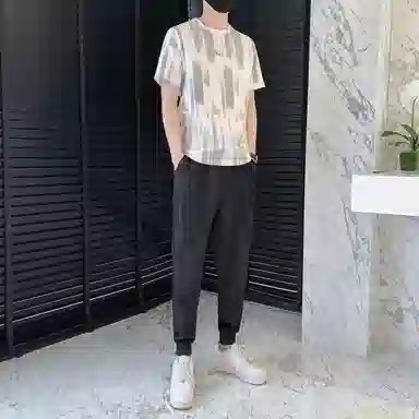 左岸 美式宽松扎染潮流简约时尚高级感百搭短袖港风柔软长裤休闲运动套装 男款