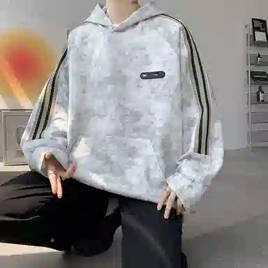 左岸 侧边织带条纹扎染上衣男春秋季美式重磅连帽衫设计感大码脏脏外套卫衣 男款