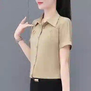 左岸 夏季薄款潮流时尚翻领上衣短袖气质轻薄韩版日常小衫洋气遮肉透气显瘦简约舒适柔软户外通勤休闲百搭衬衫 女款