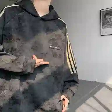 左岸 侧边织带条纹扎染上衣男春秋季美式重磅连帽衫设计感大码脏脏外套卫衣 男款