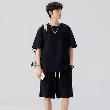 左岸 破洞流苏短袖短裤两件套男款大码夏季冰丝透气加肥加大胖子休闲运动套装 男女同款