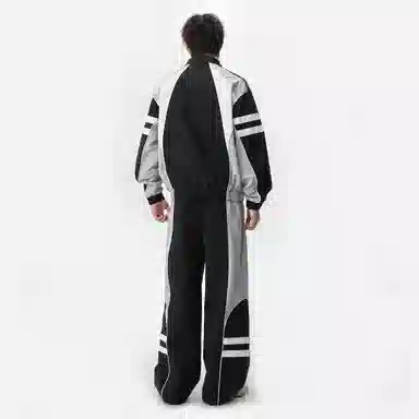 左岸 青少年春秋百搭潮流宽松两件套时尚设计感拼接撞色翻领开衫上衣长裤搭配一整套休闲运动套装 男款