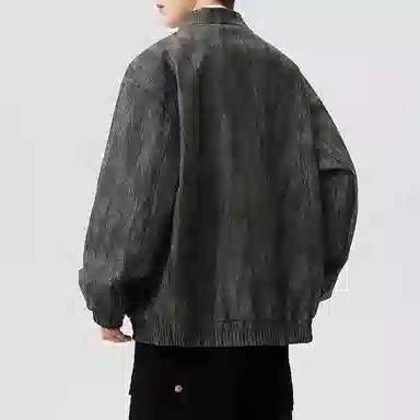左岸 美式复古高街潮牌春秋季宽松休闲百搭立领上衣加肥加大码设计感树皮纹夹克外套皮衣 男款