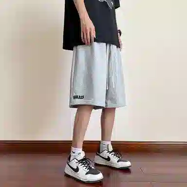 左岸 夏季港风潮流简约宽松发泡印花系带中裤薄款沙滩风五分裤子休闲短裤 男款