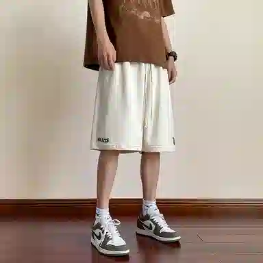 左岸 夏季港风潮流简约宽松发泡印花系带中裤薄款沙滩风五分裤子休闲短裤 男款