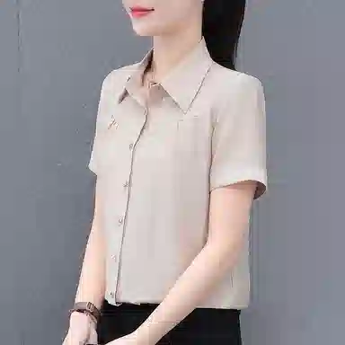 左岸 夏季薄款潮流时尚翻领上衣短袖气质轻薄韩版日常小衫洋气遮肉透气显瘦简约舒适柔软户外通勤休闲百搭衬衫 女款