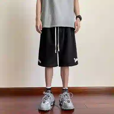 左岸 夏季港风潮流简约宽松发泡印花系带中裤薄款沙滩风五分裤子休闲短裤 男款