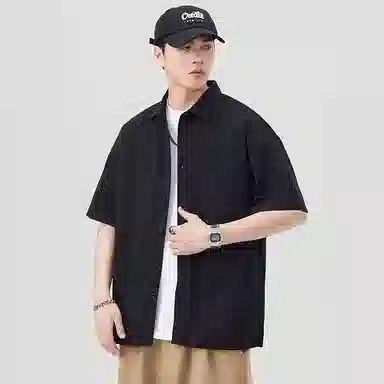 左岸 夏季轻薄柔软舒适透气短袖衬衣日系复古翻领纯色简约百搭潮流休闲上衣衬衫 男款