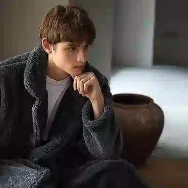 热妒 秋冬季珊瑚绒中长款睡袍 纯色翻领 可外穿 家居套装  男女同款  灰色