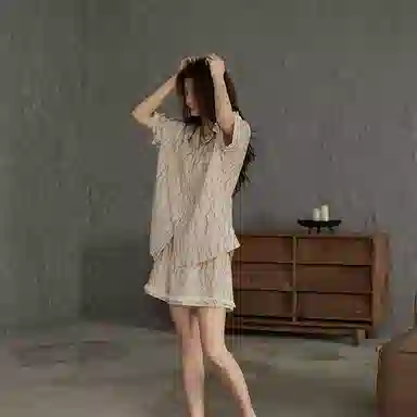 热妒 翻领开衫短袖松紧腰三分裤凉感薄款可外穿睡衣套装 女款 杏色