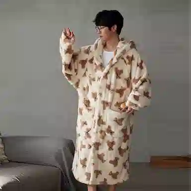 热妒 珊瑚绒卡通小熊中长款浴袍连帽保暖加绒加厚睡袍 男款