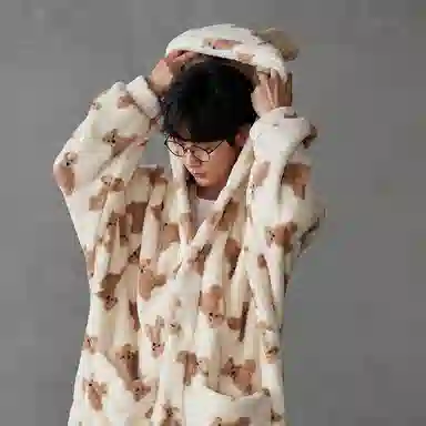 热妒 珊瑚绒卡通小熊中长款浴袍连帽保暖加绒加厚睡袍 男款