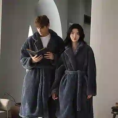 热妒 秋冬季珊瑚绒中长款睡袍 纯色翻领 可外穿 家居套装  男女同款  灰色