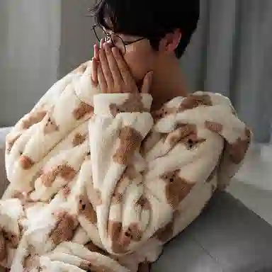 热妒 珊瑚绒卡通小熊中长款浴袍连帽保暖加绒加厚睡袍 男款