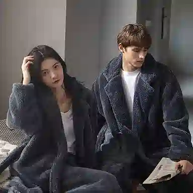 热妒 秋冬季珊瑚绒中长款睡袍 纯色翻领 可外穿 家居套装  男女同款  灰色