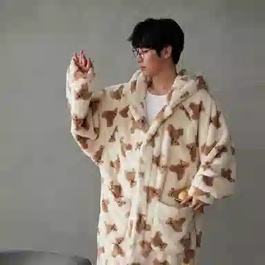 热妒 珊瑚绒卡通小熊中长款浴袍连帽保暖加绒加厚睡袍 男款
