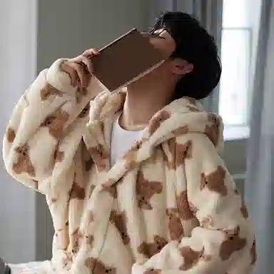 热妒 珊瑚绒卡通小熊中长款浴袍连帽保暖加绒加厚睡袍 男款