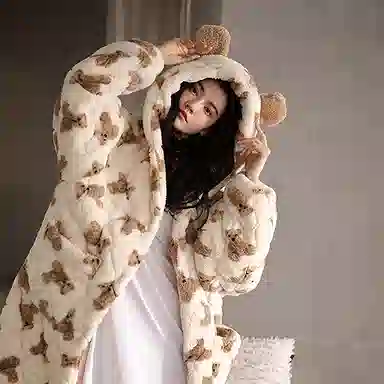 热妒 睡衣女冬季珊瑚绒三层夹棉睡袍可爱小熊保暖加绒加厚家居服可外穿 家居套装  女款