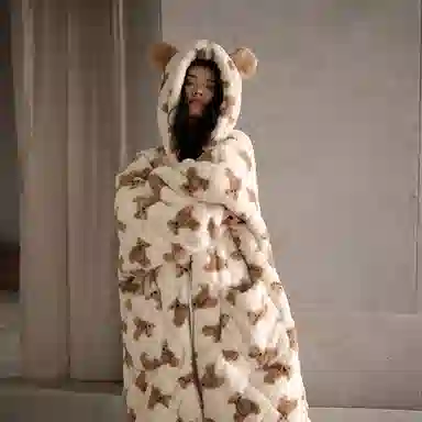 热妒 睡衣女冬季珊瑚绒三层夹棉睡袍可爱小熊保暖加绒加厚家居服可外穿 家居套装  女款