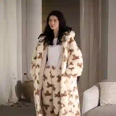 热妒 睡衣女冬季珊瑚绒三层夹棉睡袍可爱小熊保暖加绒加厚家居服可外穿 家居套装  女款