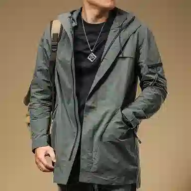 季言 防风连帽纯色中长款大衣 男款