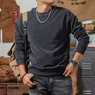 季言 复古加绒厚款纯色圆领落肩宽松卫衣 男款