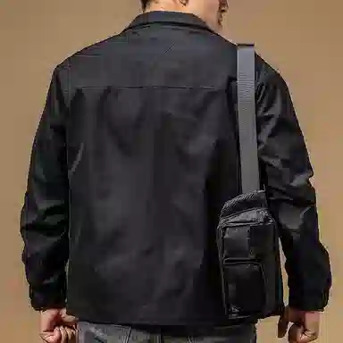 季言 翻领运动纯色工装拉链长袖夹克外套 男 黑色