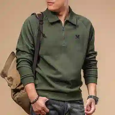 季言 半拉链男翻领春秋季美式插肩提花肌理感长袖刺绣上衣卫衣 男款