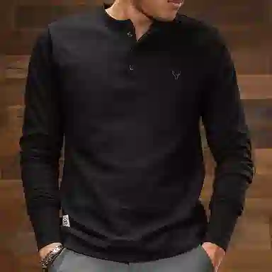 季言 美式复古纯色衬衫领长袖卫衣 男款 黑色