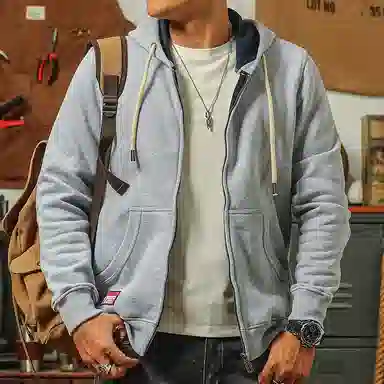 季言 纯色连帽加绒舒适保暖卫衣 男款 花灰色