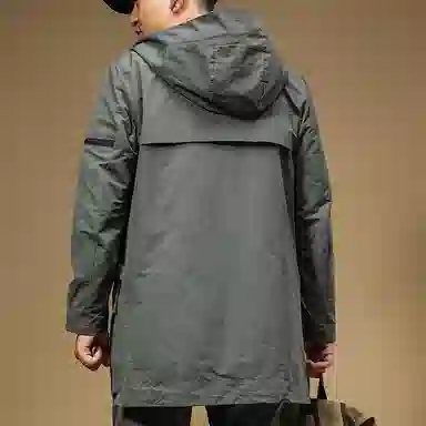 季言 防风连帽纯色中长款大衣 男款