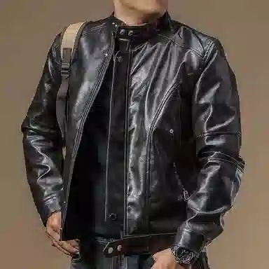 季言 简约纯色立领舒适百搭皮衣 男