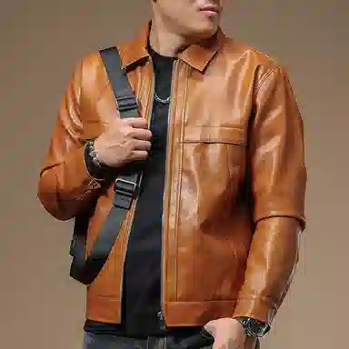 季言 美式复古纯色翻领拉链修身长袖皮衣 男