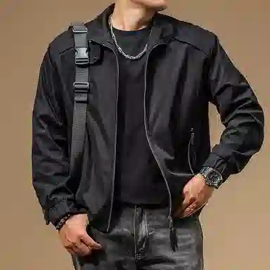 季言 翻领运动纯色工装拉链长袖夹克外套 男 黑色