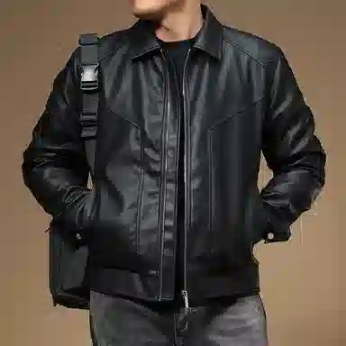 季言 翻领纯色百搭皮衣 男 黑色