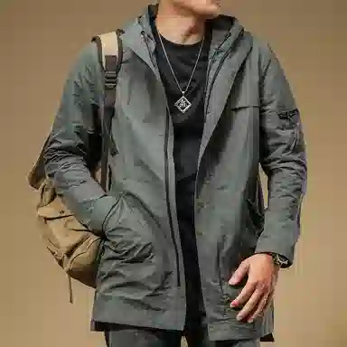 季言 防风连帽纯色中长款大衣 男款