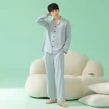 浪莎 春秋款莫代尔男女长袖绵绸开衫睡衣 宽松扣系翻领 纯色 可外穿 家居套装 情侣款 浅蓝色薄荷绿