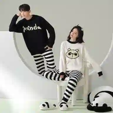 浪莎 软绵绵半边绒冬季男女睡衣圆领黑白条纹卡通印花加绒加厚家居套装 情侣款 黑色白色