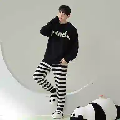 浪莎 软绵绵半边绒冬季男女睡衣圆领黑白条纹卡通印花加绒加厚家居套装 情侣款 黑色白色
