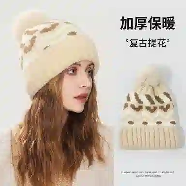浪莎 日系复古流苏彩色绑带提花 保暖防寒加绒加厚 聚酯纤维 针织帽 女款