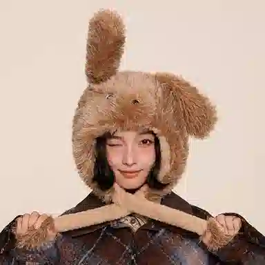 浪莎 耳朵会动可爱小狗秋冬季保暖加绒防寒护耳百搭 聚酯纤维 毛绒帽 女款