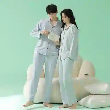 浪莎 春秋款莫代尔男女长袖绵绸开衫睡衣 宽松扣系翻领 纯色 可外穿 家居套装 情侣款 浅蓝色薄荷绿