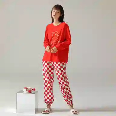 浪莎 春秋款女士纯棉睡衣女士长袖圆领卡通印花家居服套头格纹全棉简约舒适 家居套装 女款 红色