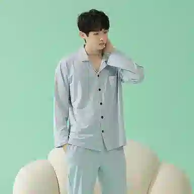 浪莎 春秋款莫代尔男女长袖绵绸开衫睡衣 宽松扣系翻领 纯色 可外穿 家居套装 情侣款 浅蓝色薄荷绿